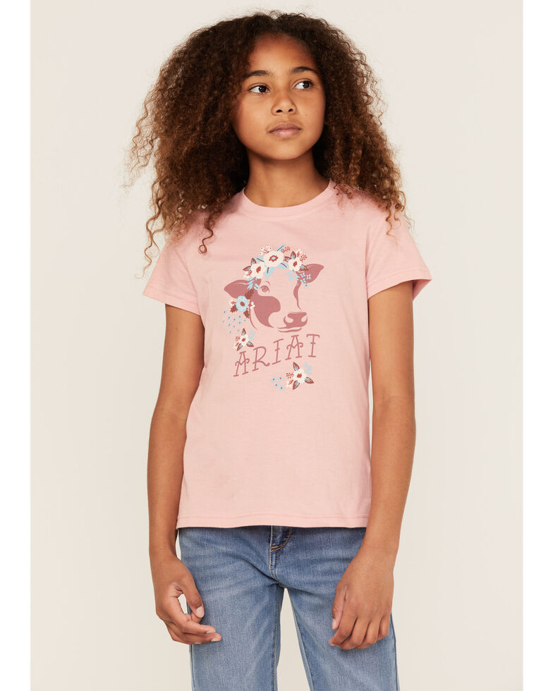 Ariat Girls' R.E.A.L. Moo Cow Floral Graphic Tee, Pink, hi-res