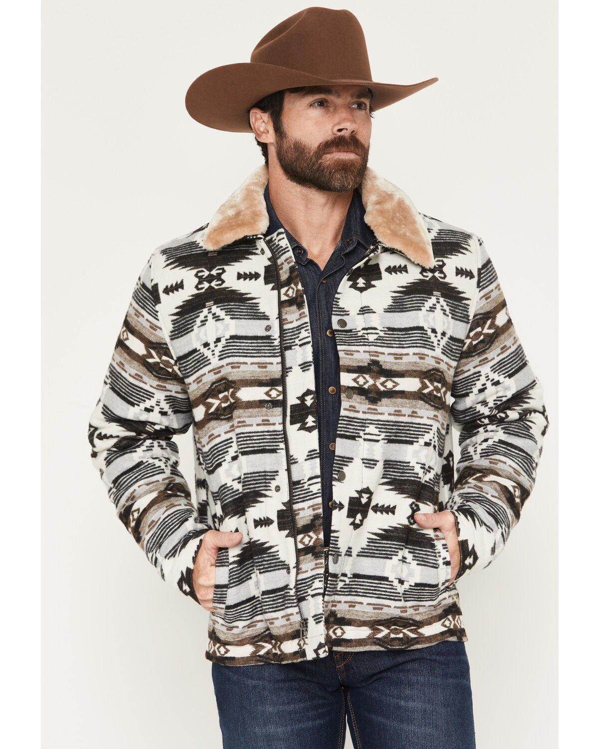 Rock & Roll Denim Men's Southwestern Jacquard Snap Jacket, Grey, hi-res