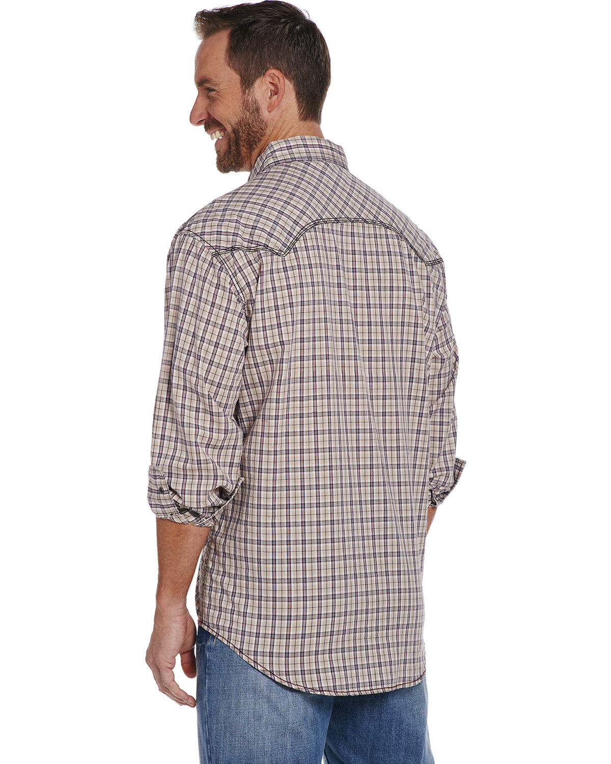 Image #2 - Cowboy Up Men's Enzyme Wash Plaid Print Long Sleeve Snap Western Shirt, Tan, hi-res
