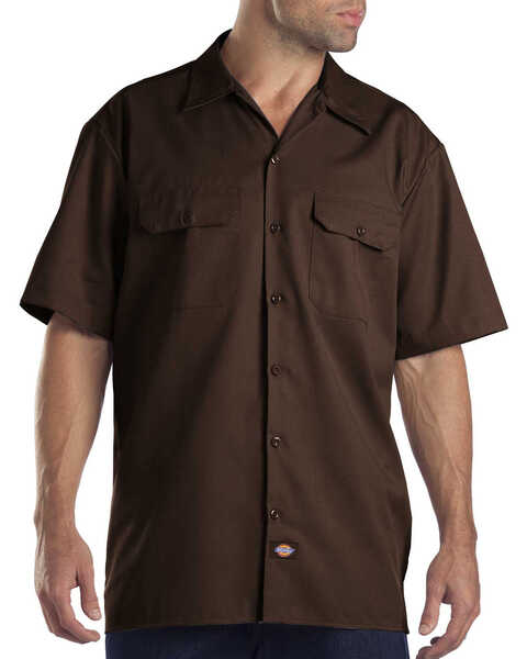 Image #1 - Dickies Men's Solid Short Sleeve Folded Work Shirt, Dark Brown, hi-res