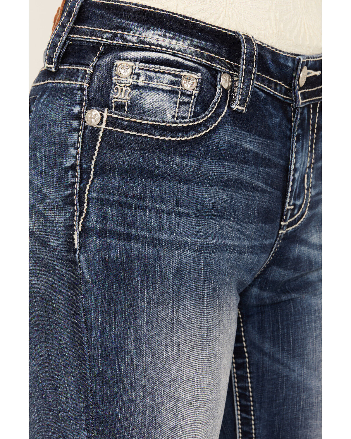 Image #4 - Miss Me Women's Dark Wash Braided Pocket Bootcut Stretch Denim Jeans, Dark Wash, hi-res