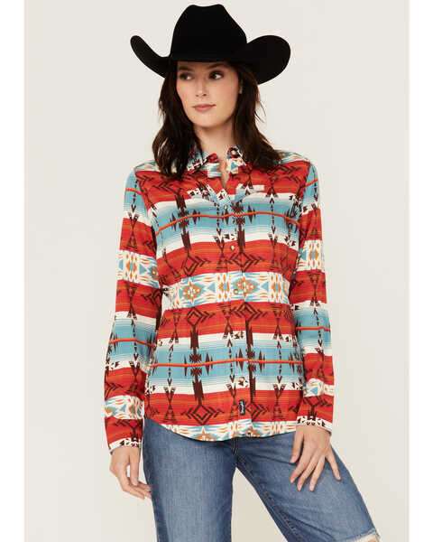 Image #1 - Wrangler Retro Women's Americana Southwestern Print Long Sleeve Snap Western Shirt , Red/white/blue, hi-res
