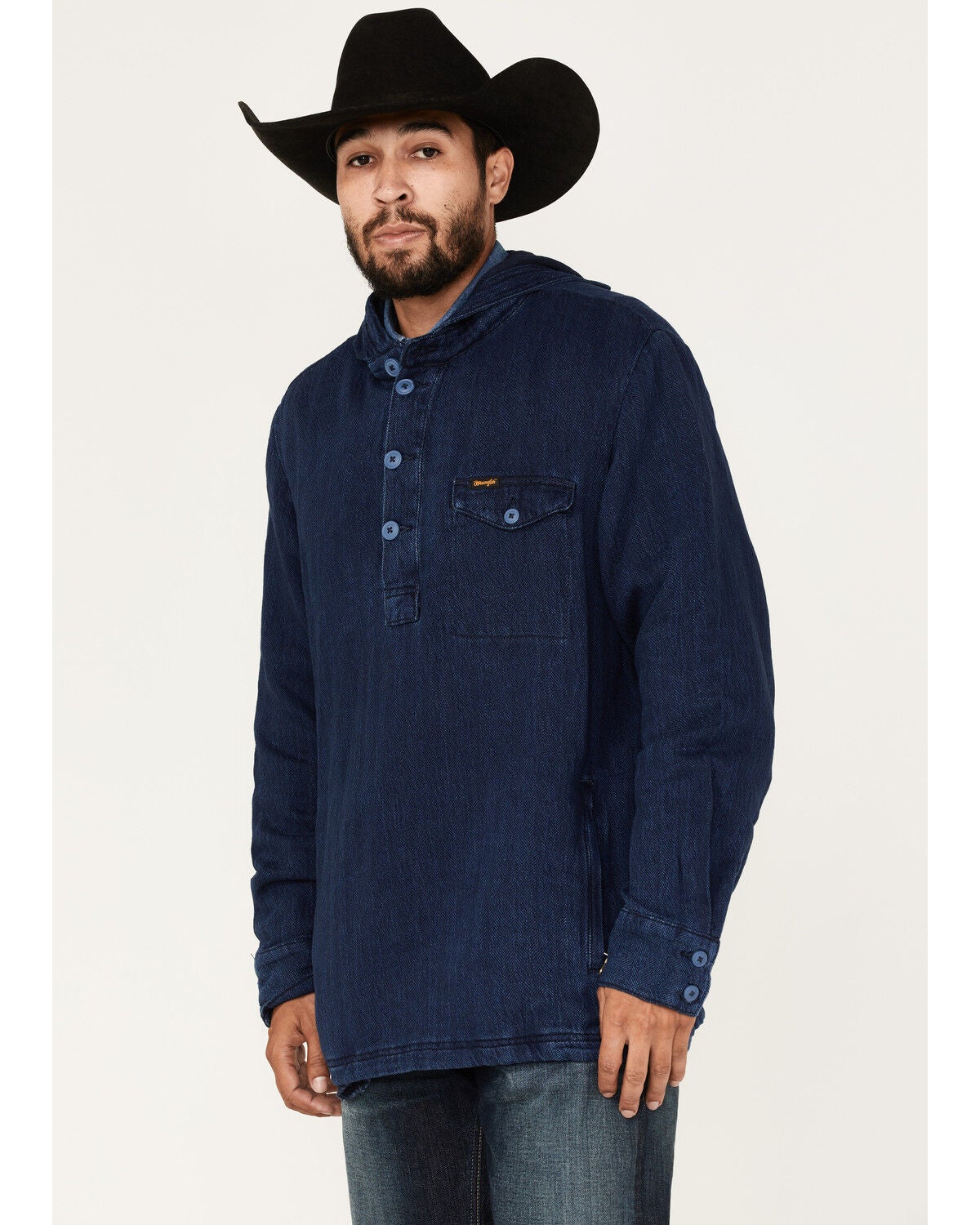 Wrangler Men's Solid Lightweight 1/4 Button Front Unlined Hooded Pullover, Dark Blue, hi-res