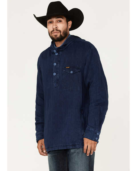 Image #1 - Wrangler Men's Solid Lightweight 1/4 Button Front Unlined Hooded Pullover, Dark Blue, hi-res