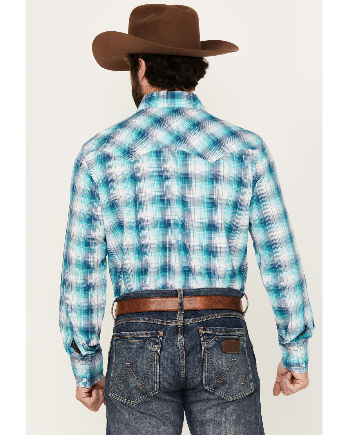 Image #4 - Wrangler Retro Men's Plaid Print Long Sleeve Snap Western Shirt, Turquoise, hi-res