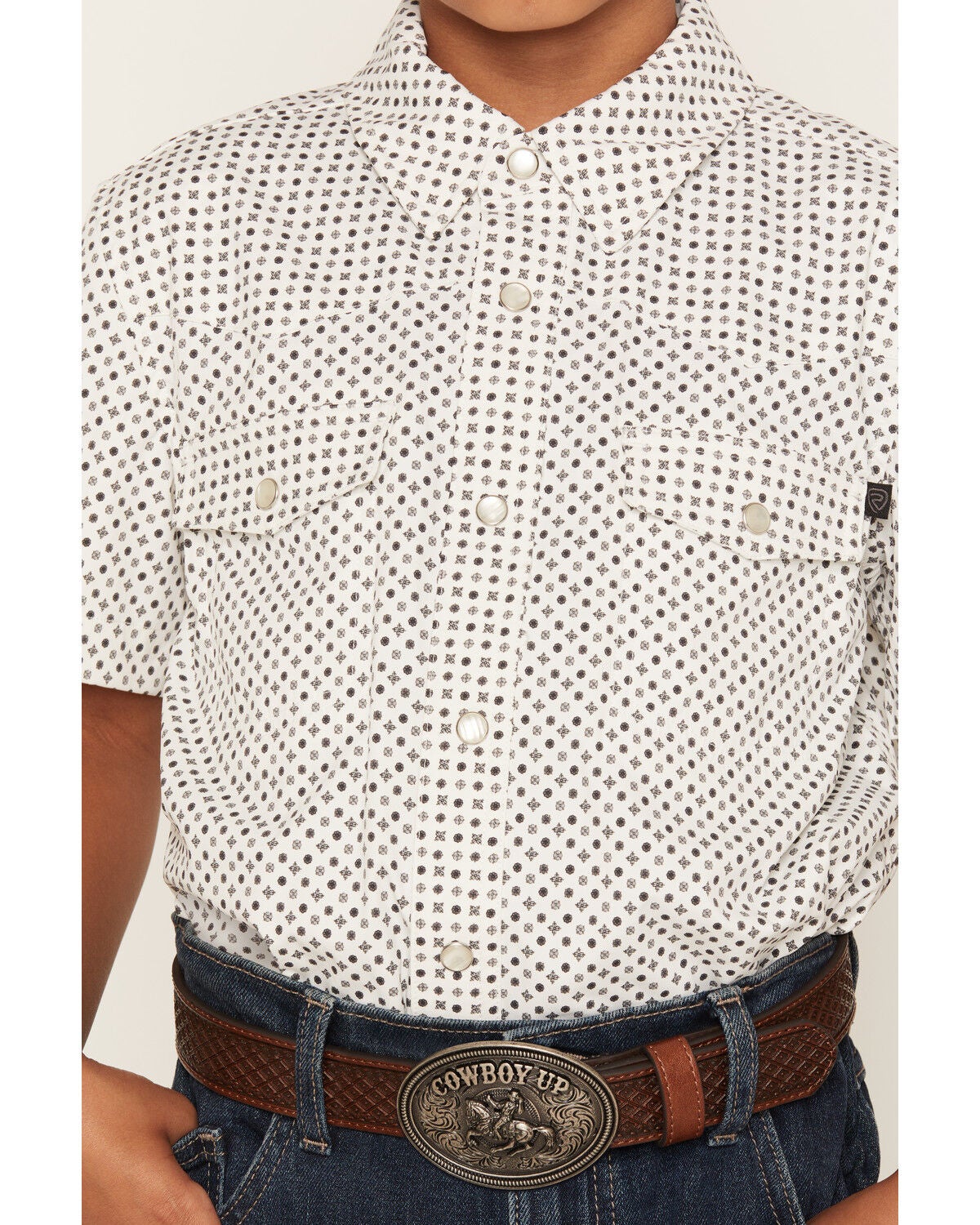 Image #3 - Rock & Rock Denim Boys' Tek Geo Print Short Sleeve Pearl Snap Stretch Western Shirt, White, hi-res