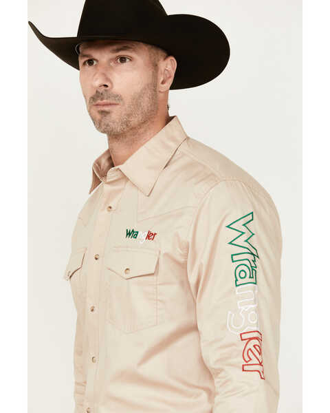 Image #2 - Wrangler Men's Logo Mexico Long Sleeve Snap Western Shirt, Tan, hi-res