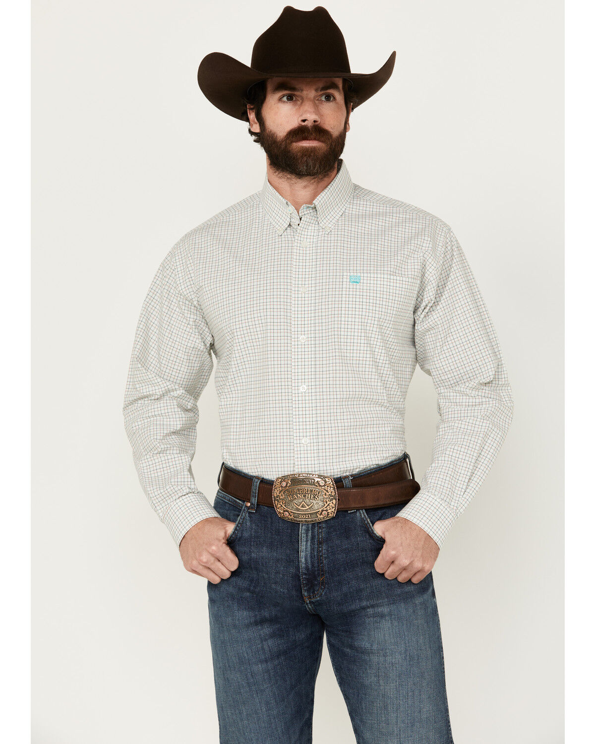 Image #1 - Cinch Men's Checkered Print Long Sleeve Button-Down Western Shirt, Cream, hi-res