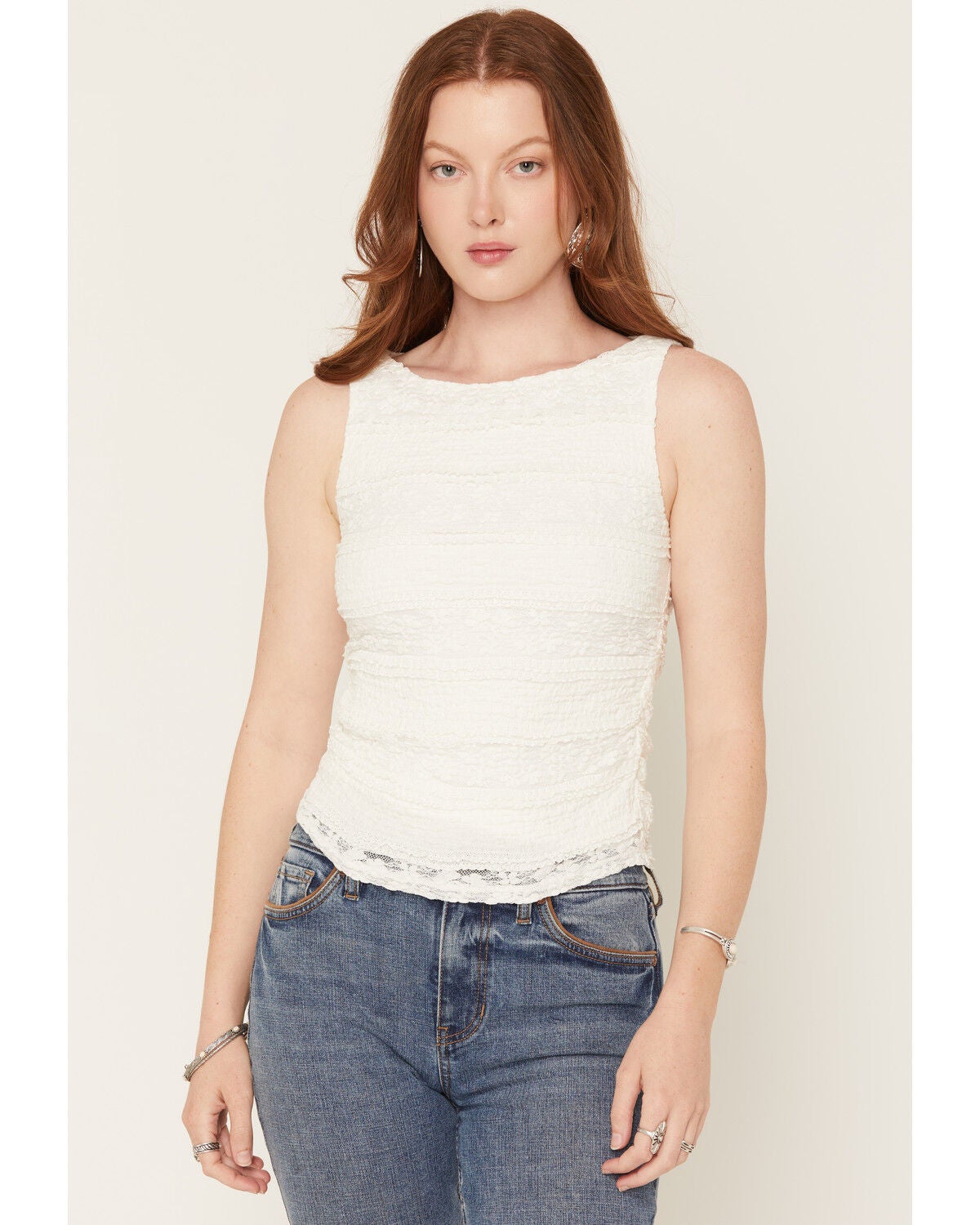 Cleo + Wolf Women's Lace Ruched Tank Top, White, hi-res