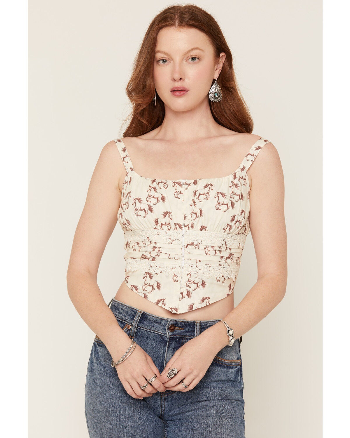 Rock & Roll Denim Women's Horse Print Sleeveless Bustier Tank, Natural, hi-res
