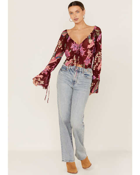 Image #2 - Free People Women's Floral Print Of Paradise Tie Front Crop Top, Red, hi-res