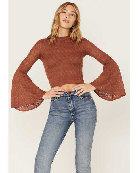 Image #2 - Shyanne Women's Crochet Lace Bell Sleeve Sweater , Brown, hi-res