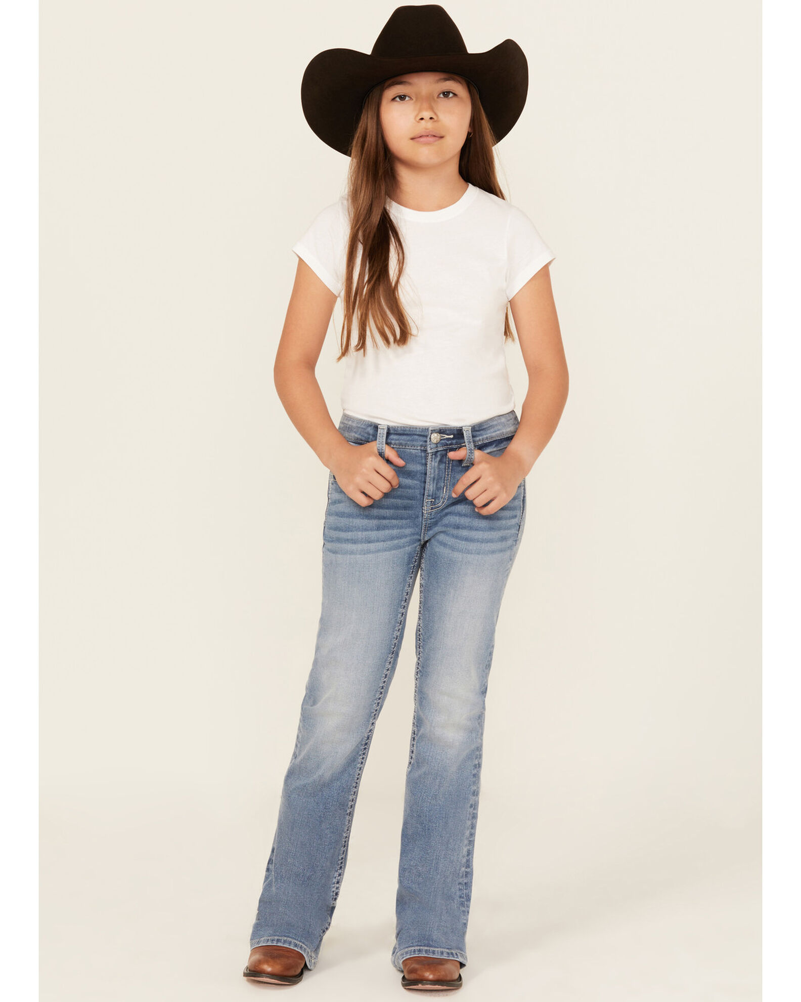 Image #3 - Miss Me Girls' Light Wash Cross Pocket Bootcut Denim Jeans, Blue, hi-res