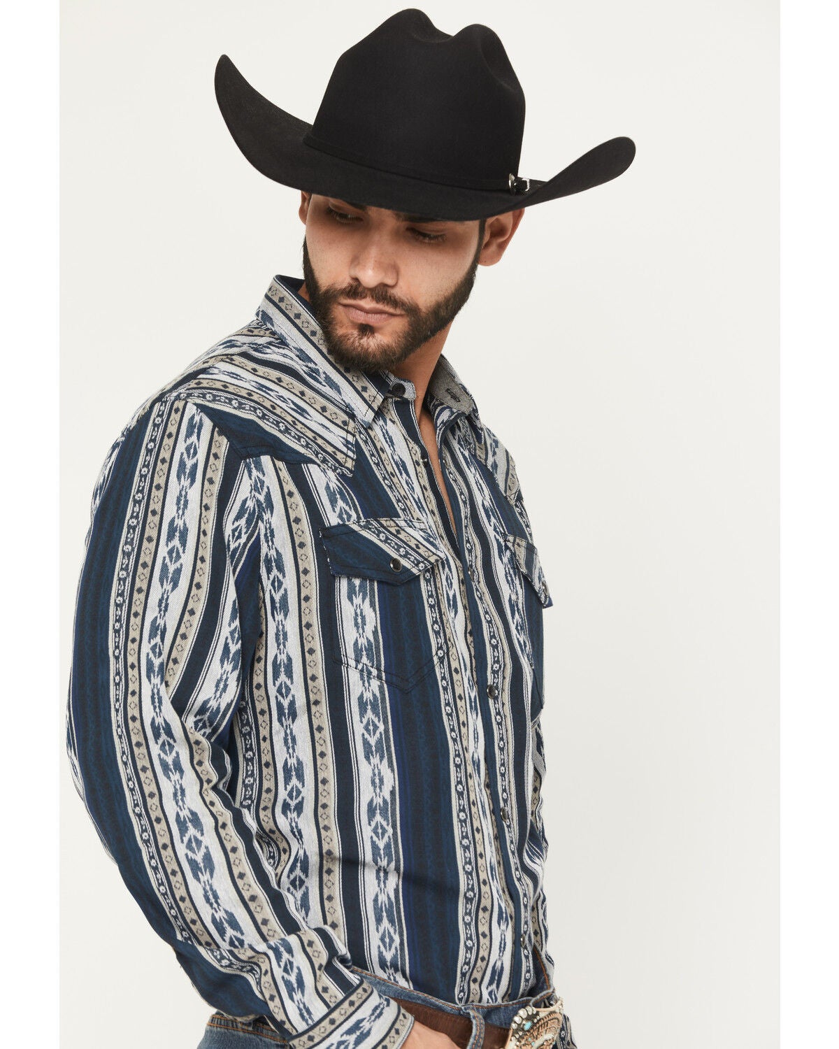 Image #2 - Cody James Men's Ford Southwestern Stripe Print Long Sleeve Snap Western Shirt, Blue, hi-res