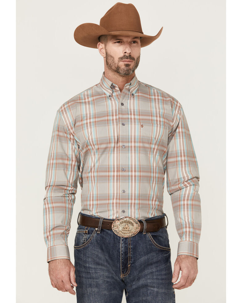 Stetson Men's Desert Large Dobby Plaid Long Sleeve Button-Down Western Shirt , Brown, hi-res