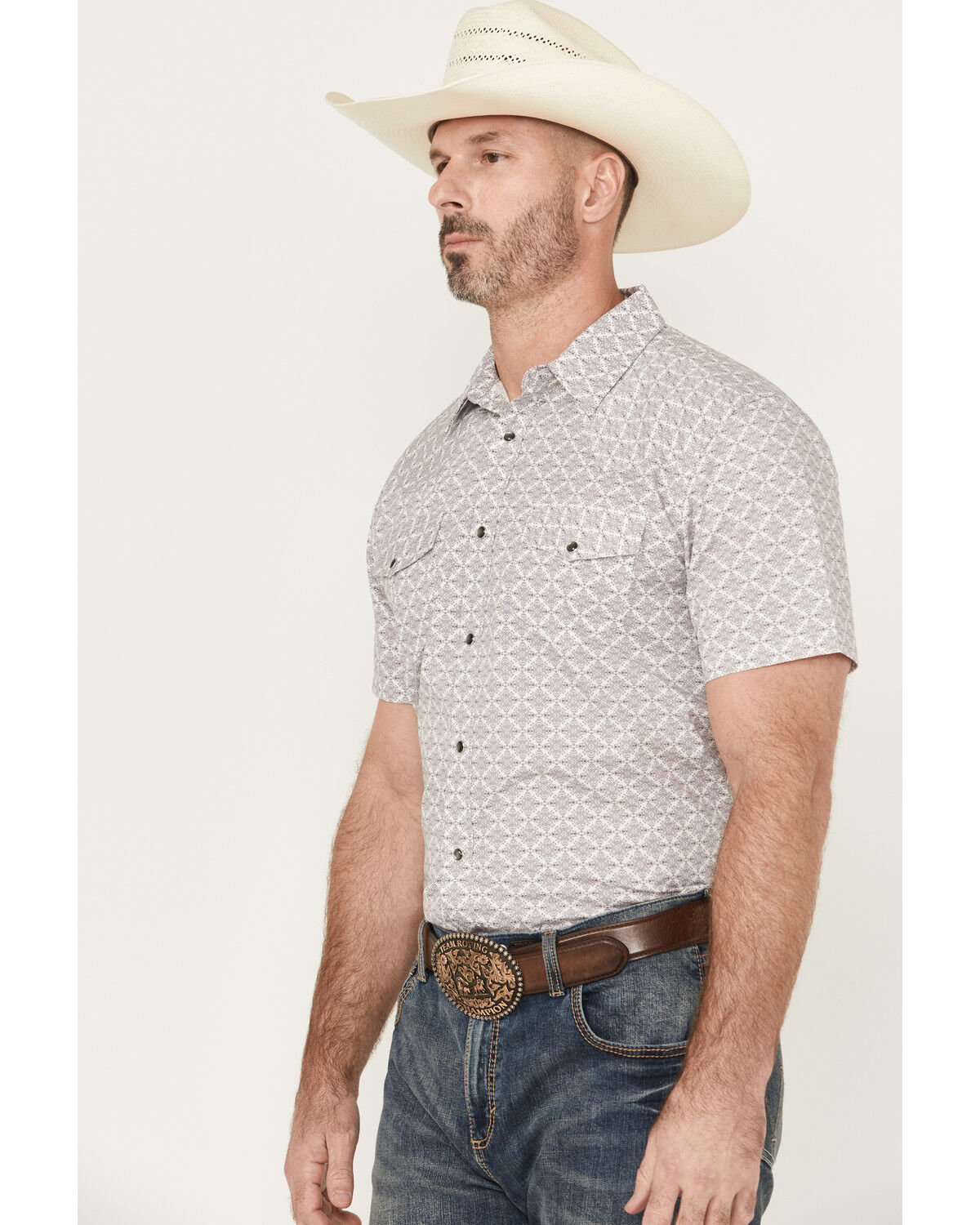 Image #2 - Gibson Trading Co Men's Purple Hazed Medallion Print Short Sleeve Pearl Snap Western Shirt, Purple, hi-res