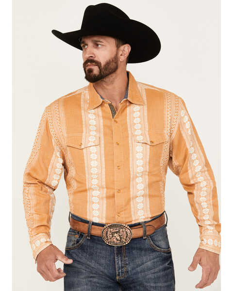 Image #1 - Scully Men's Jacquard Striped Print Long Sleeve Pearl Snap Western Shirt, Mustard, hi-res
