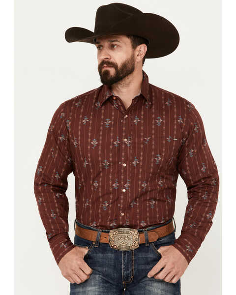 Image #1 - Tin Haul Men's Arrowhead Long Sleeve Western Snap Shirt, Wine, hi-res