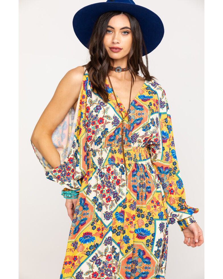 Flying Tomato Women S Yellow Tile Print Slit Sleeve Maxi Dress