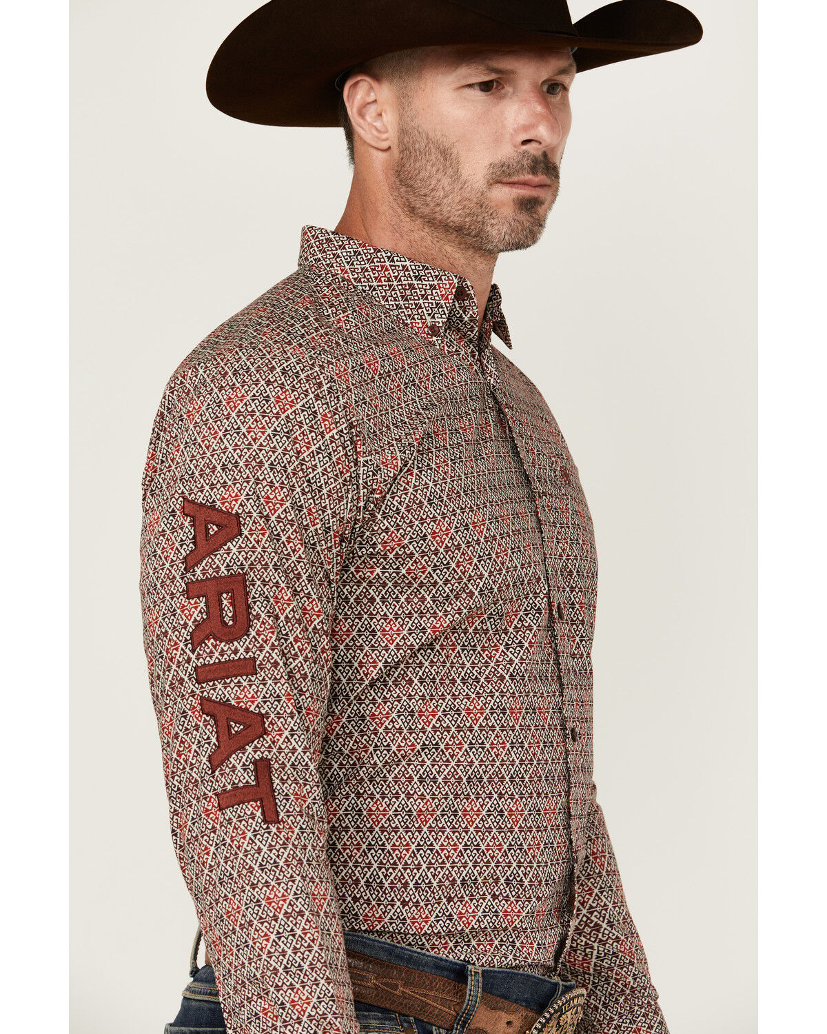 Image #1 - Ariat Men's Team Omega Logo Long Sleeve Button-Down Western Shirt, Burgundy, hi-res