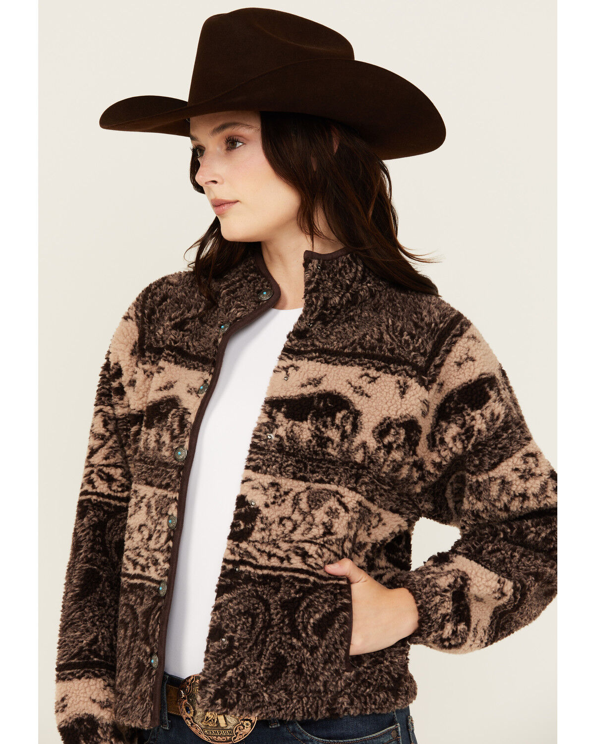 Image #2 - Shyanne Women's Buffalo Print Snap Sherpa Jacket, Chocolate, hi-res