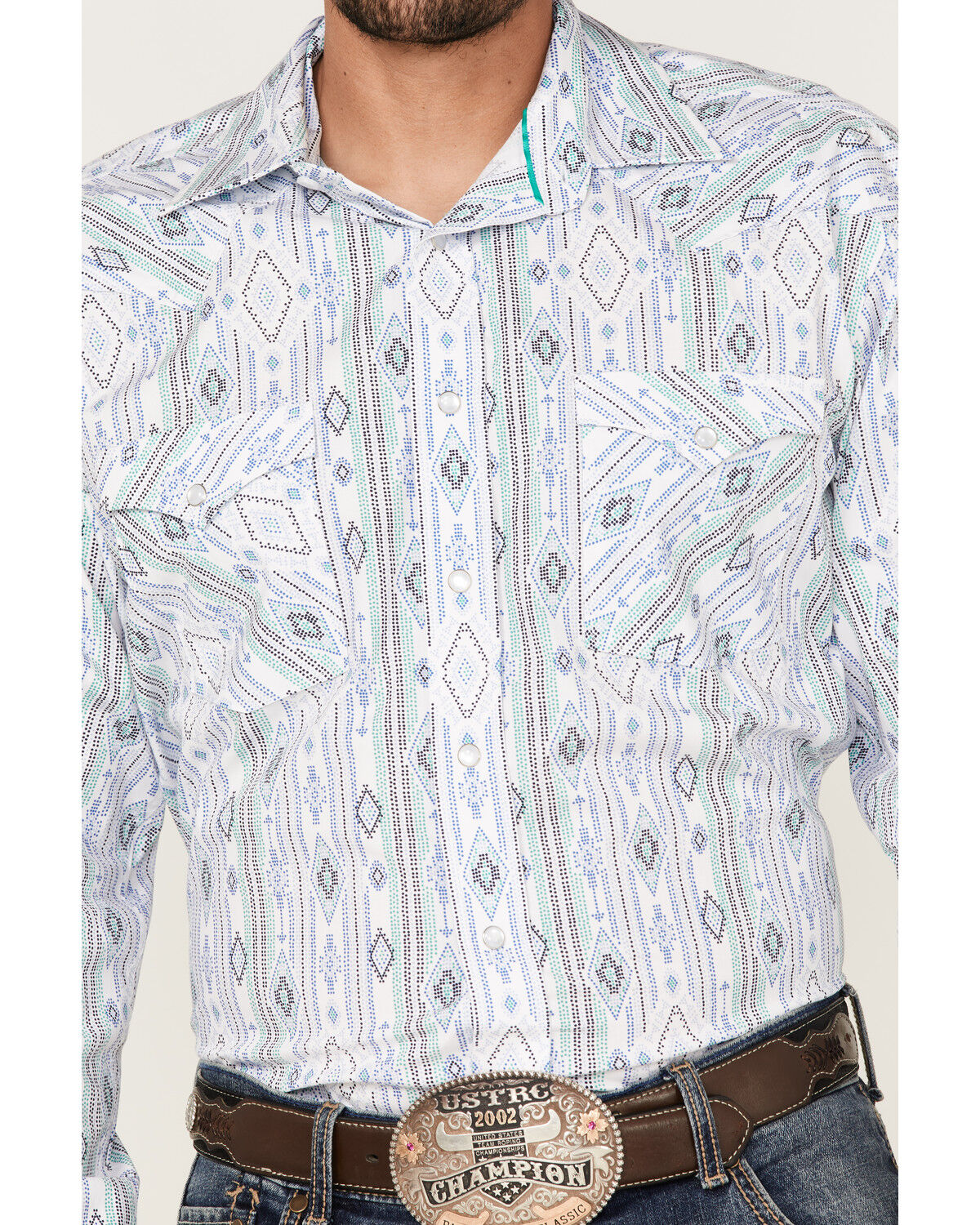 Image #3 - Rough Stock By Panhandle Men's Southwestern Dot Print Long Sleeve Pearl Snap Western Shirt, Royal Blue, hi-res