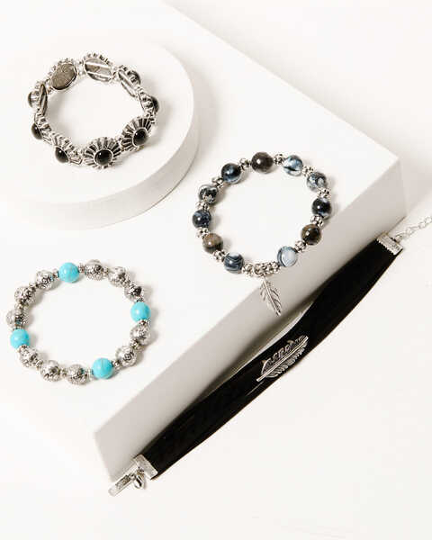 Shyanne Women's Silver Concho & Multicolored Beaded 4-piece Bracelet Set, Silver, hi-res