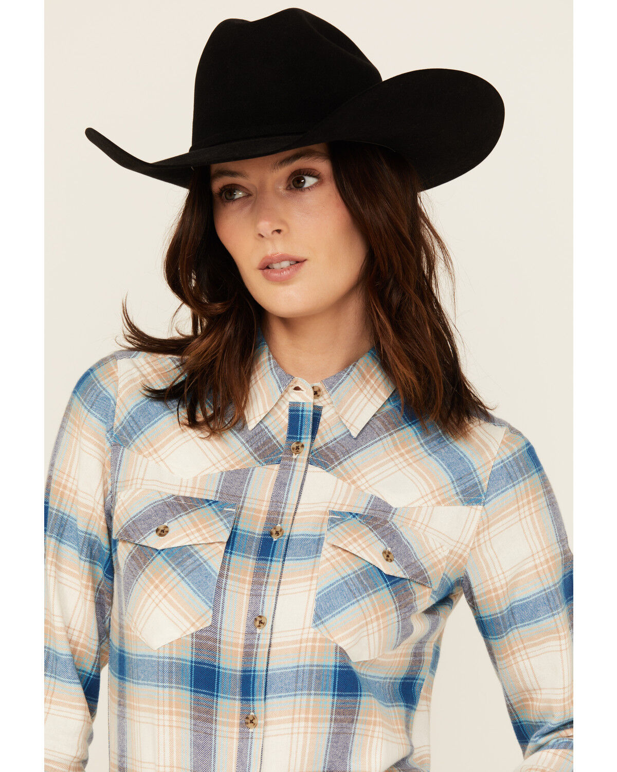 Image #2 - Shyanne Women's Plaid Print Long Sleeve Button-Down Western Shirt, Ivory, hi-res