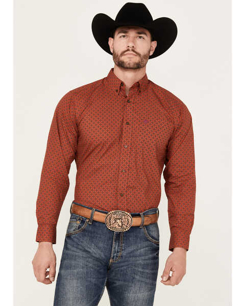 Image #1 - Ariat Men's Samson Geo Print Long Sleeve Button-Down Western Shirt, Rust Copper, hi-res