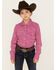 Image #1 - Shyanne Girls' Ditsy Floral Print Long Sleeve Western Pearl Snap Shirt, Fuchsia, hi-res