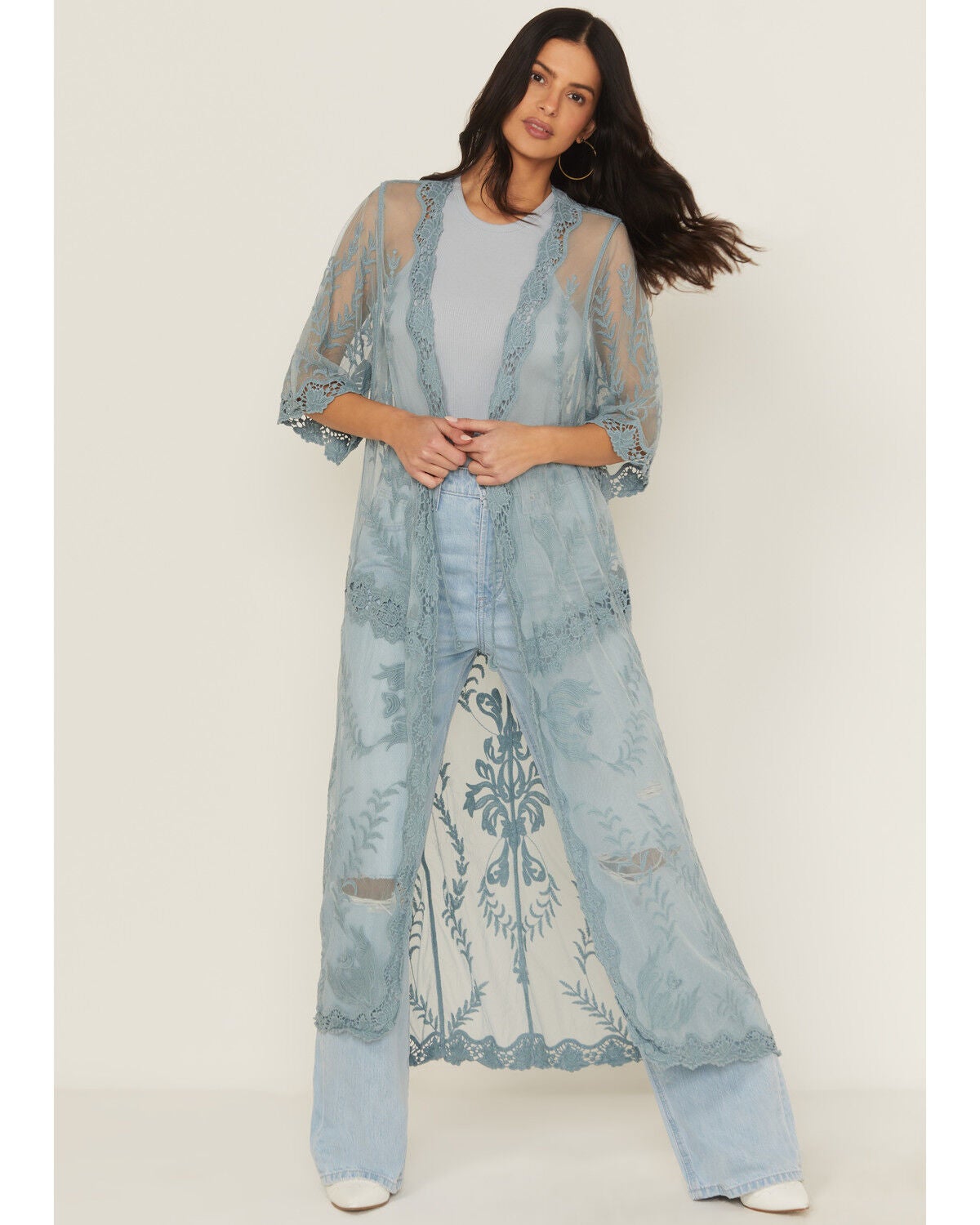 Shyanne Women's Long Embroidered Mesh Kimono, Aqua, hi-res