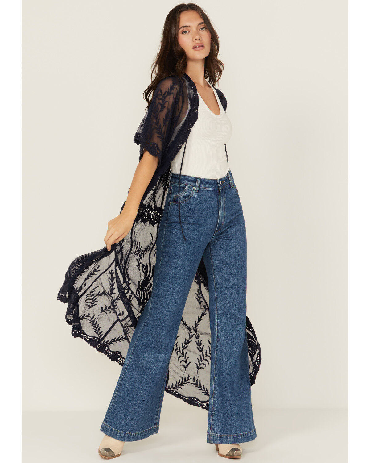 Image #1 - Shyanne Women's Embroidered Mesh Kimono, Indigo, hi-res