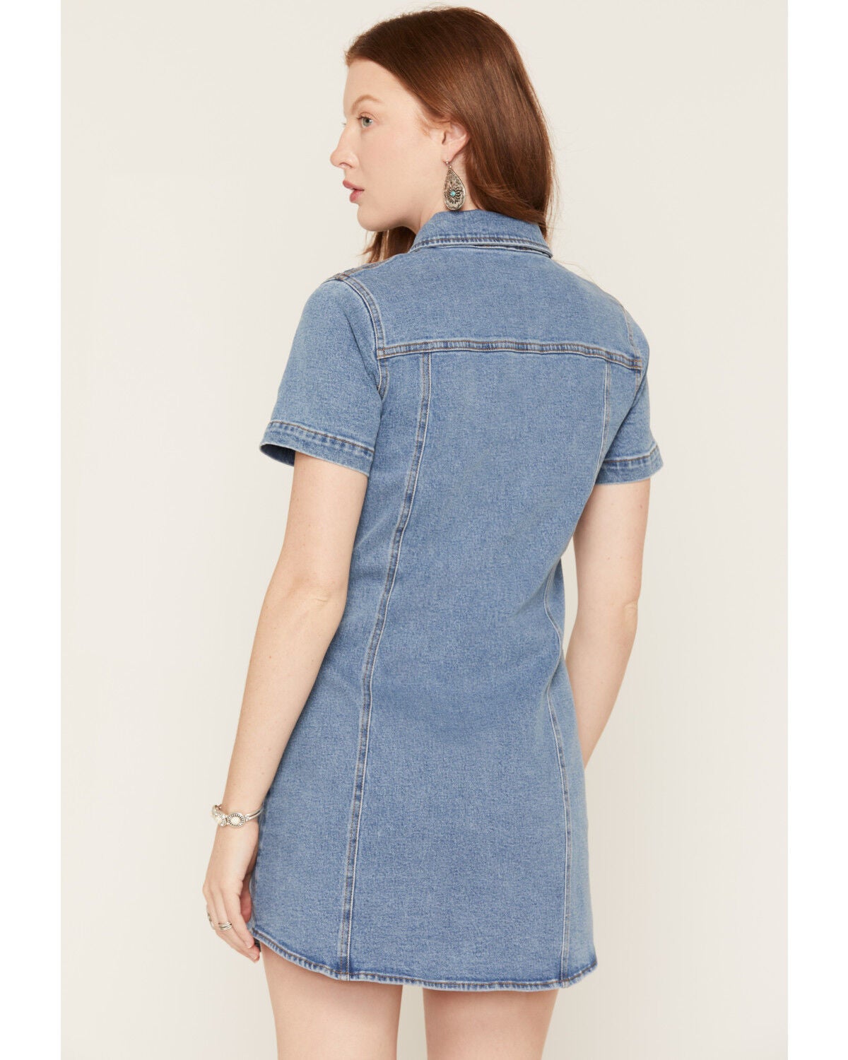 Image #4 - Blue B Women's Boot Barn Exclusive Embroidered Short Sleeve Snap Denim Mini Dress, Medium Wash, hi-res