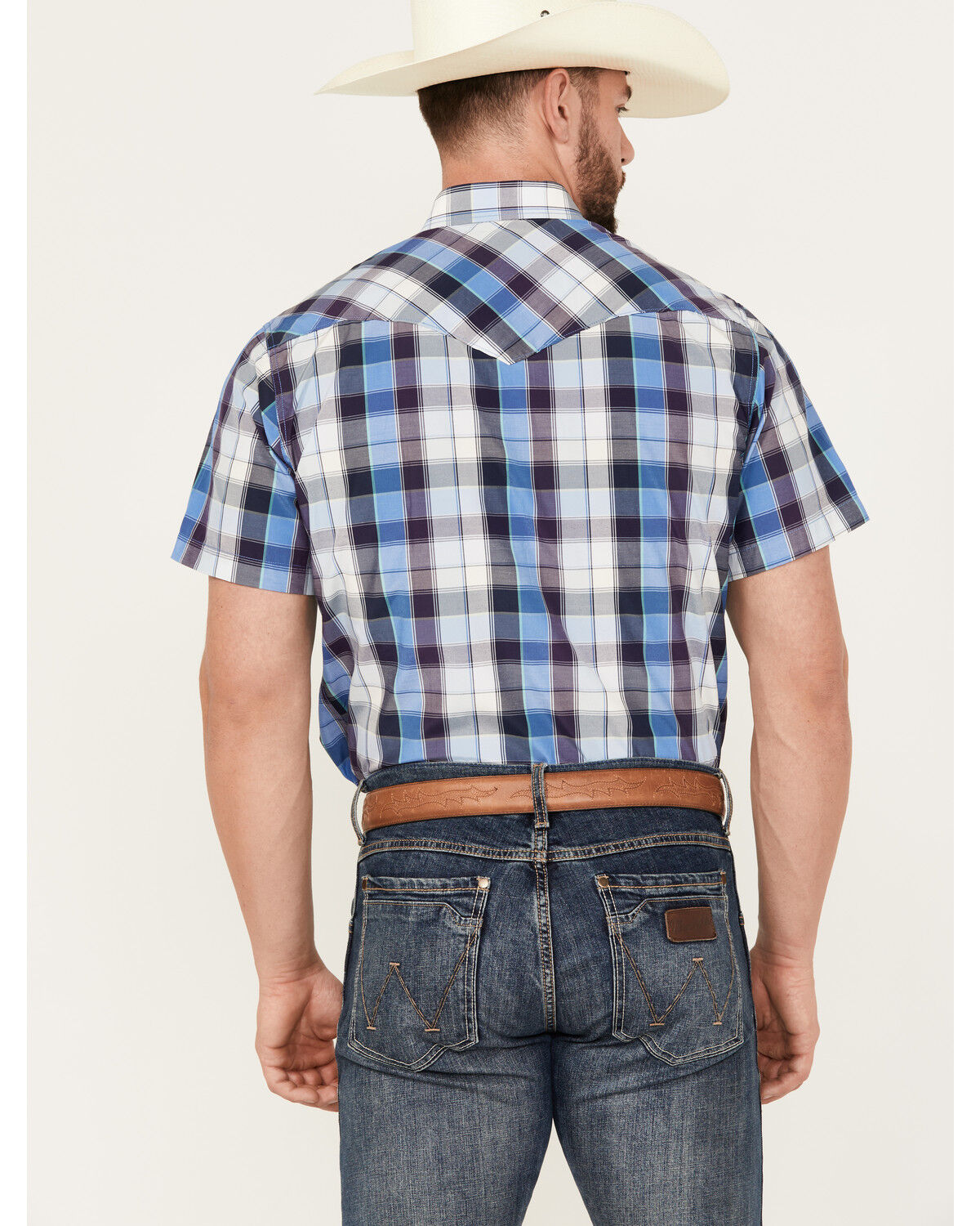 Image #4 - Rodeo Clothing Men's Plaid Print Short Sleeve Snap Western Shirt, Blue, hi-res