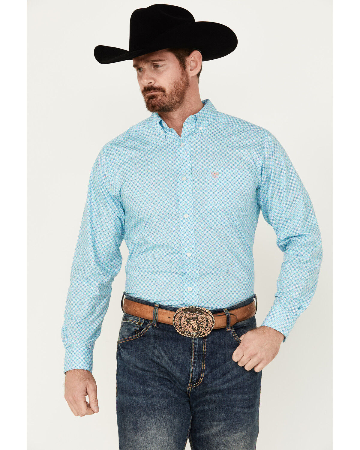 Image #1 - Ariat Men's Kamron Geo Print Fitted Long Sleeve Button-Down Western Shirt, Light Blue, hi-res