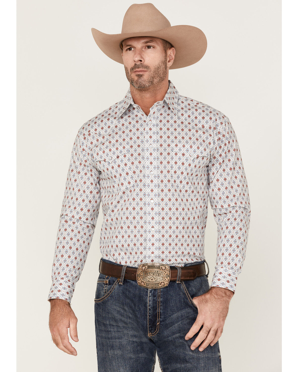 Image #1 - Rough Stock By Panhandle Men's Fancy Diamond Print Long Sleeve Pearl Snap Western Shirt, Orange, hi-res