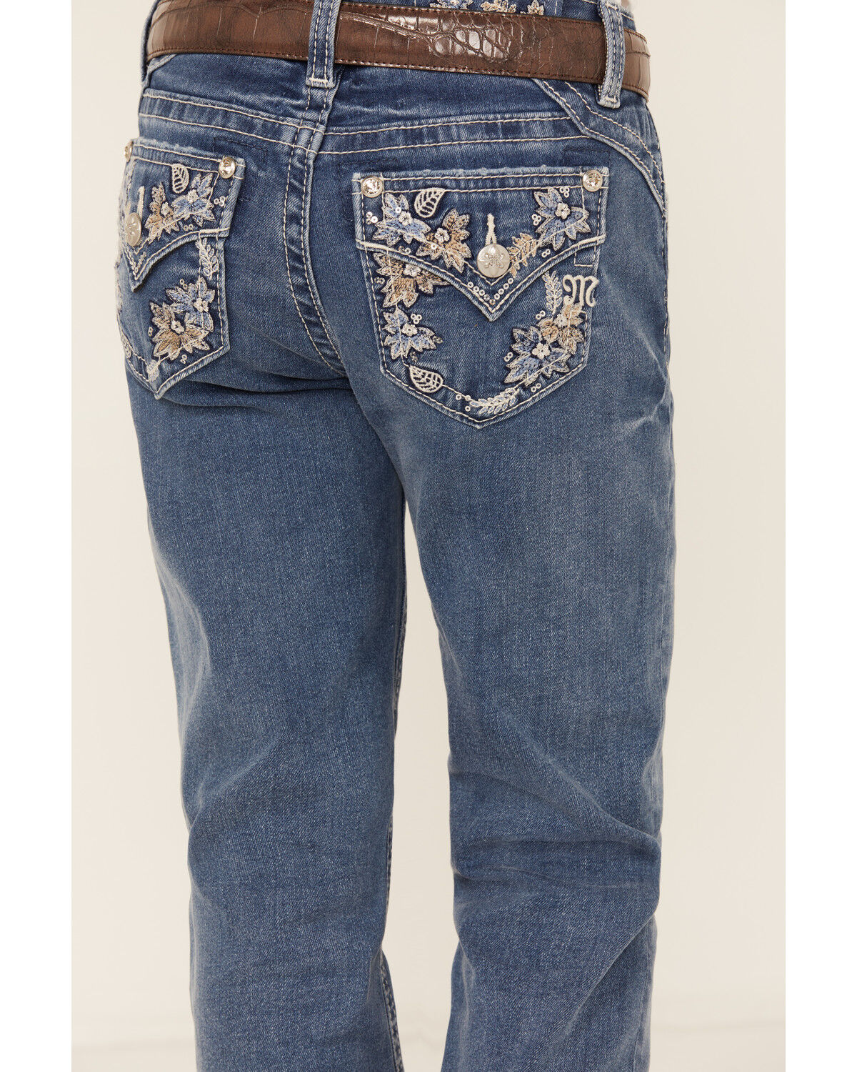 Image #2 - Miss Me Girls' Medium Wash Floral Border Bootcut Stretch Denim Jeans, Blue, hi-res