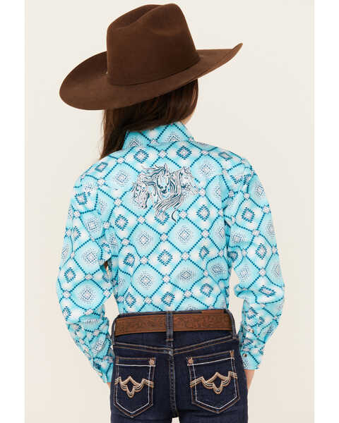 Image #4 - Cowgirl Hardware Girls' Diamond Print Long Sleeve Snap Western Shirt , Turquoise, hi-res