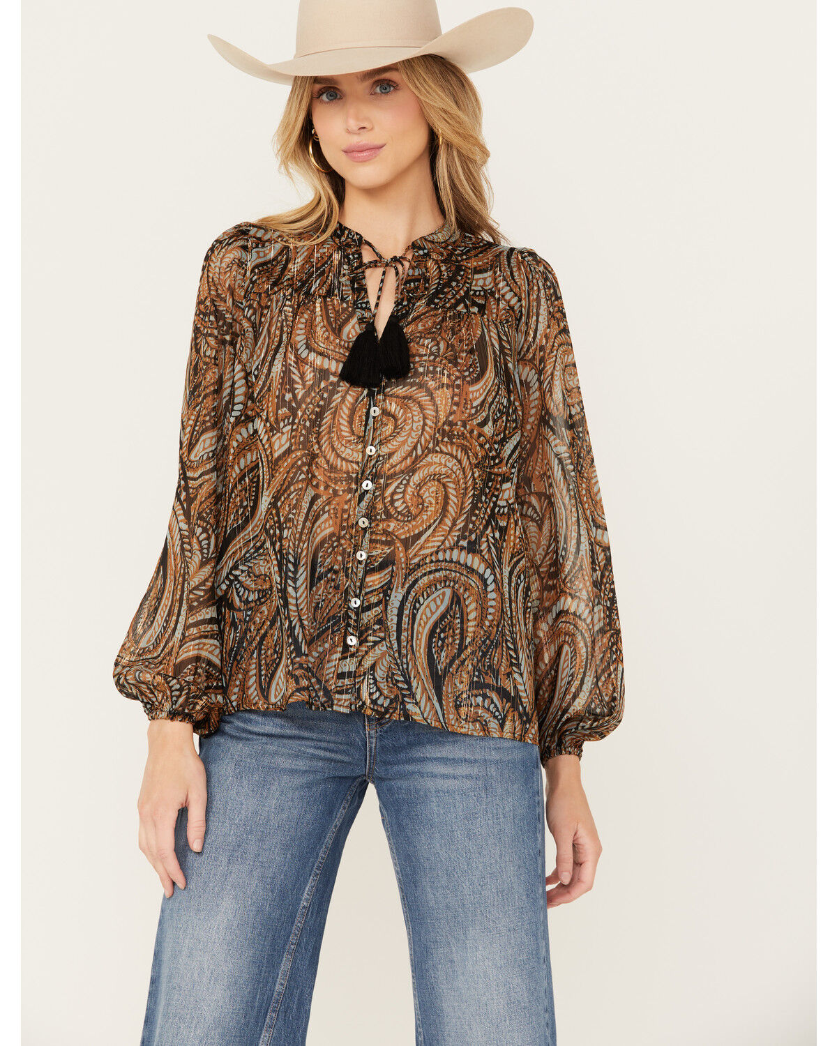 Image #1 - Revel Women's Paisley Print Long Sleeve Peasant Top, Brown, hi-res