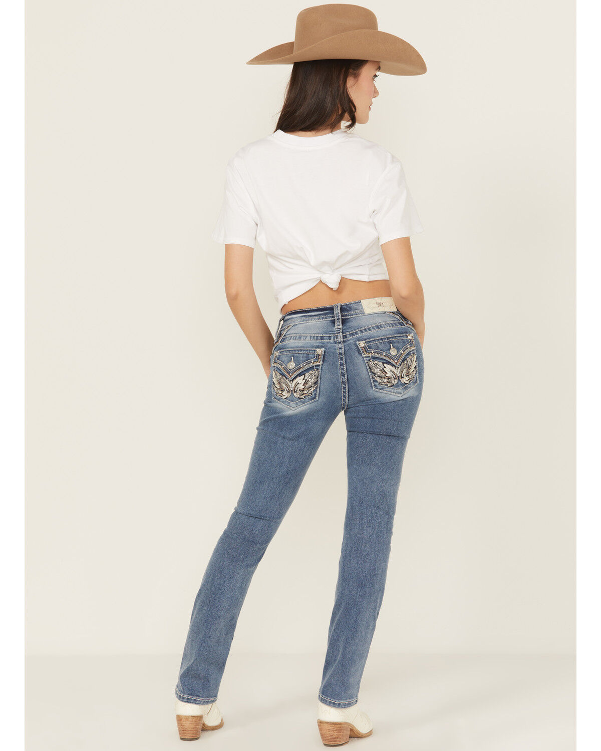 Image #1 - Miss Me Women's Medium Wash Wing Embroidered 32" Bootcut Stretch Jeans, Medium Wash, hi-res