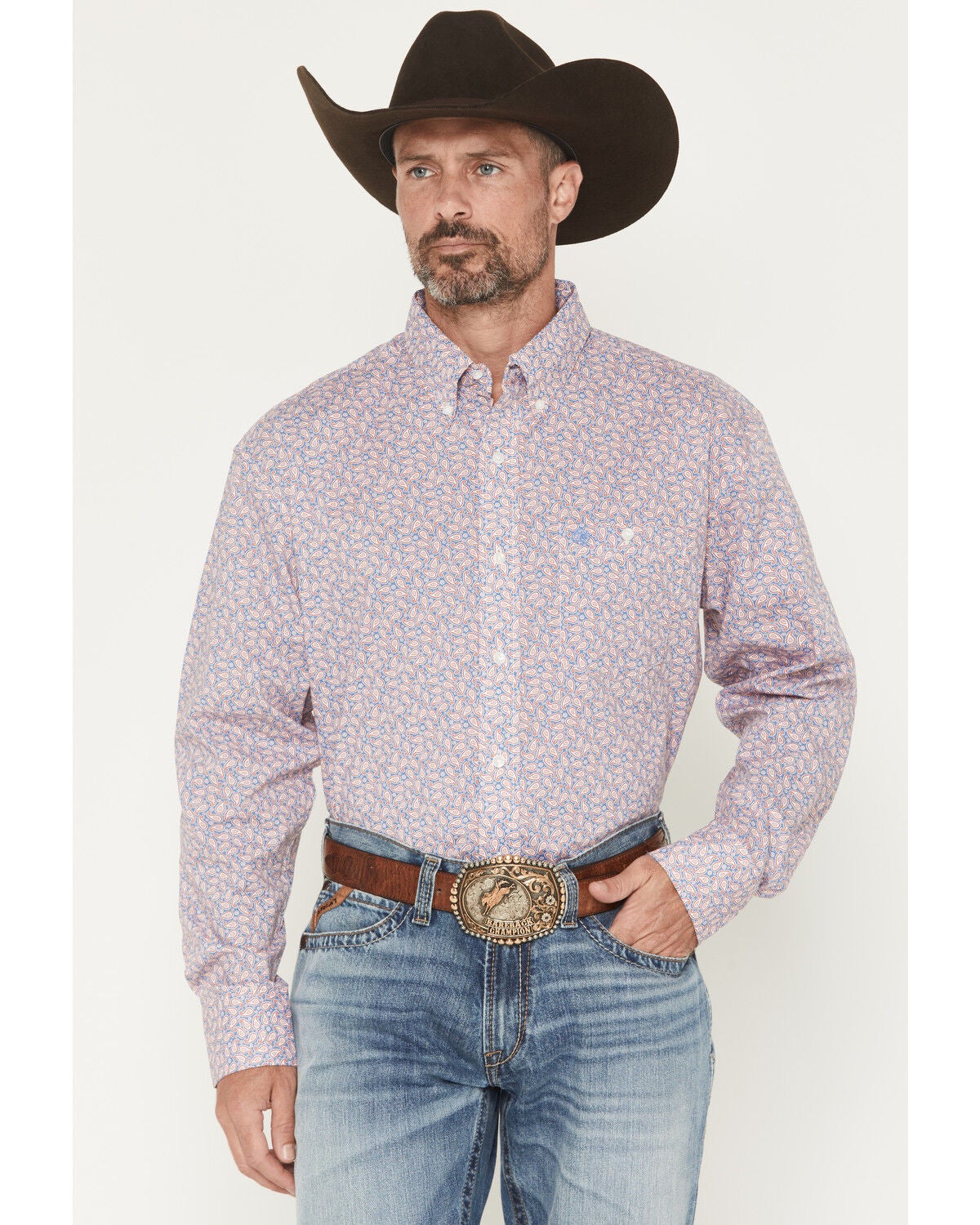 Image #1 - Wrangler Men's Paisley Print Long Sleeve Button-Down Stretch Western Shirt - Tall, Red, hi-res