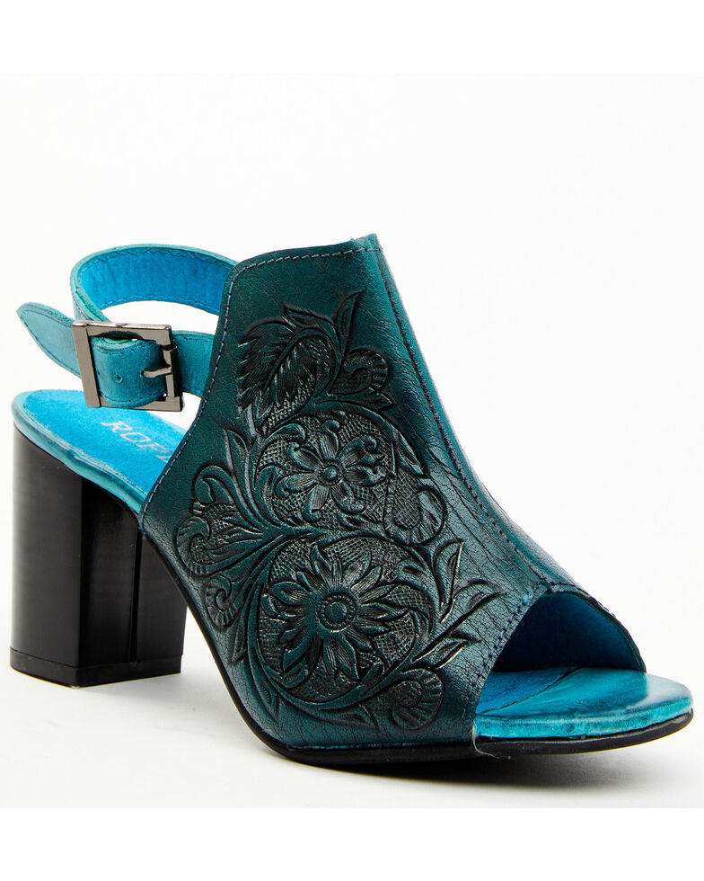 Roper Women's Burnished Turquoise Tooled Sandals - Round Toe, Blue, hi-res