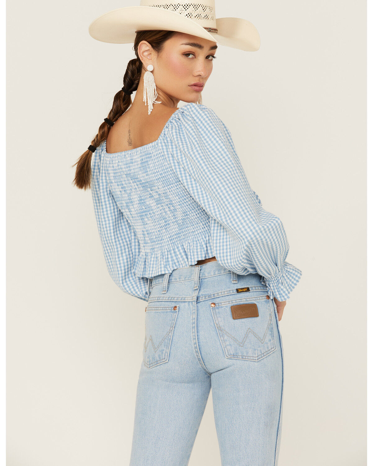 Image #3 - Beyond The Radar Women's Gingham Tie Front Crop Blouse, Blue, hi-res
