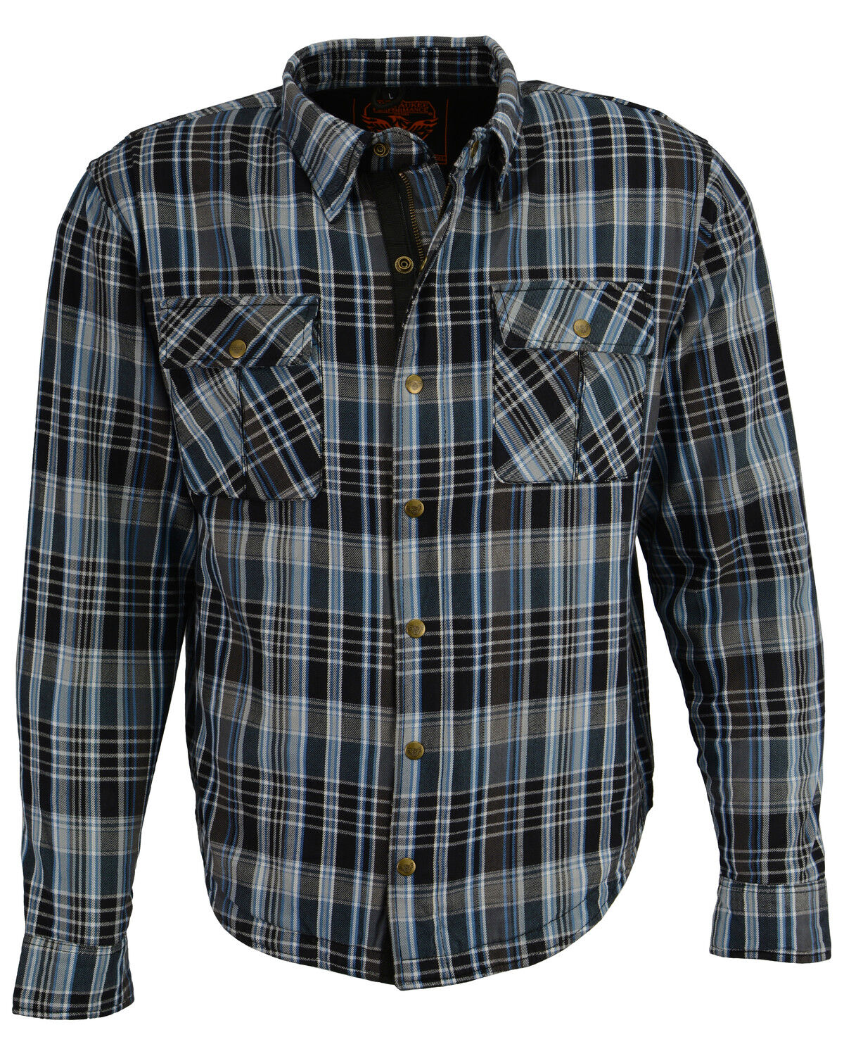 Image #6 - Milwaukee Performance Men's Aramid Reinforced Flannel Biker Shirt, Black/blue, hi-res