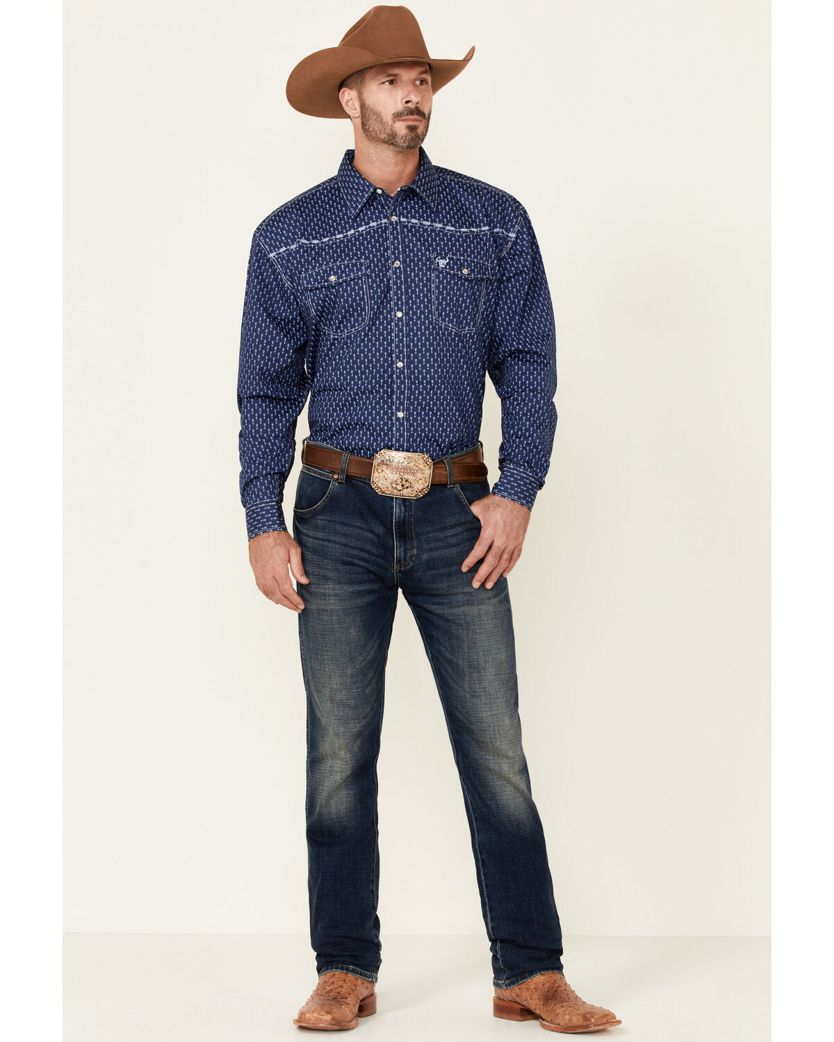 Image #2 - Cowboy Hardware Men's Arrow Geo Print Long Sleeve Pearl Snap Western Shirt, Blue, hi-res