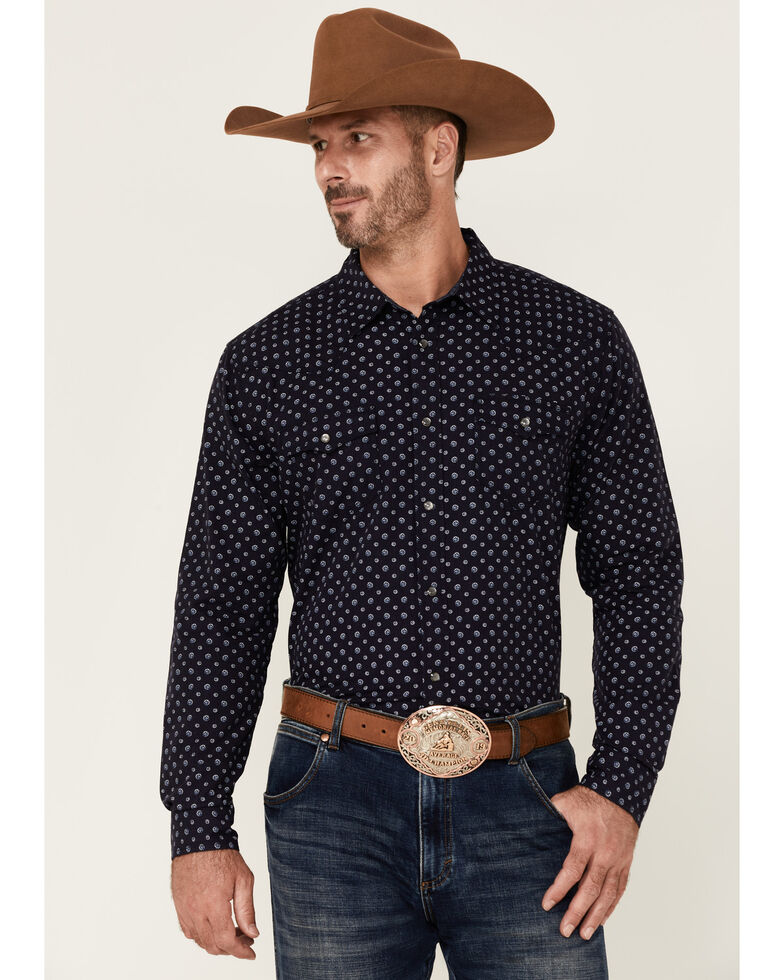 Moonshine Spirit Men's Basket Case Abstract Floral Print Long Sleeve Snap Western Shirt, Navy, hi-res