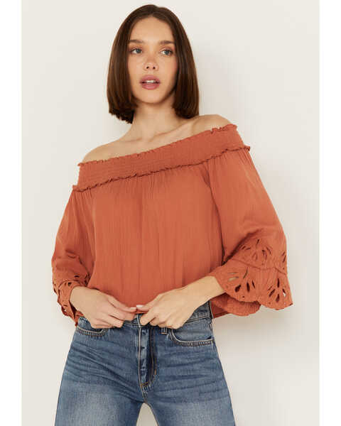 Shyanne Women's Embroidered Cut Out Off The Shoulder Top, Cognac, hi-res