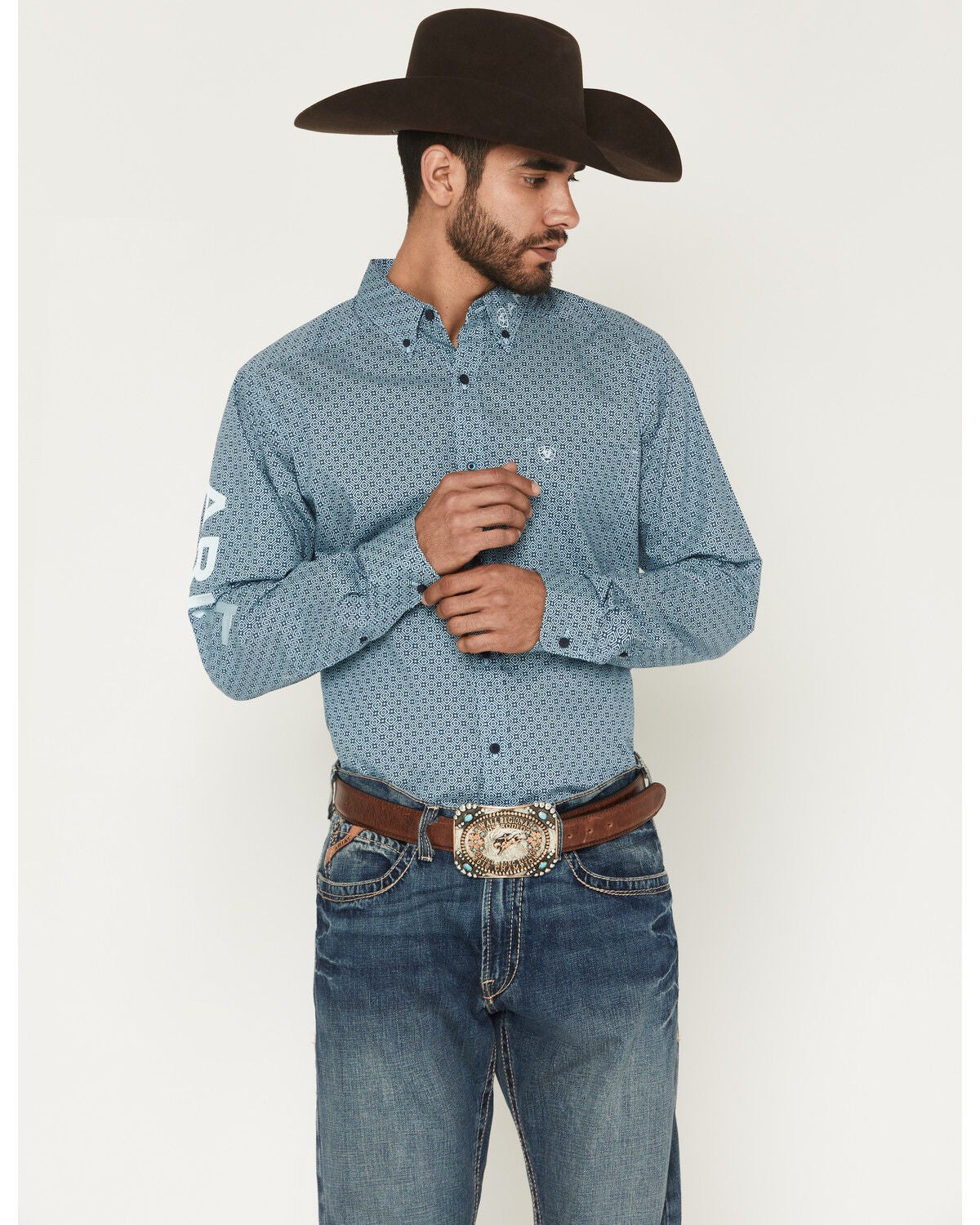 Image #1 - Ariat Men's Team Jansen Geo Print Fitted Long Sleeve Button-Down Western Shirt, Navy, hi-res