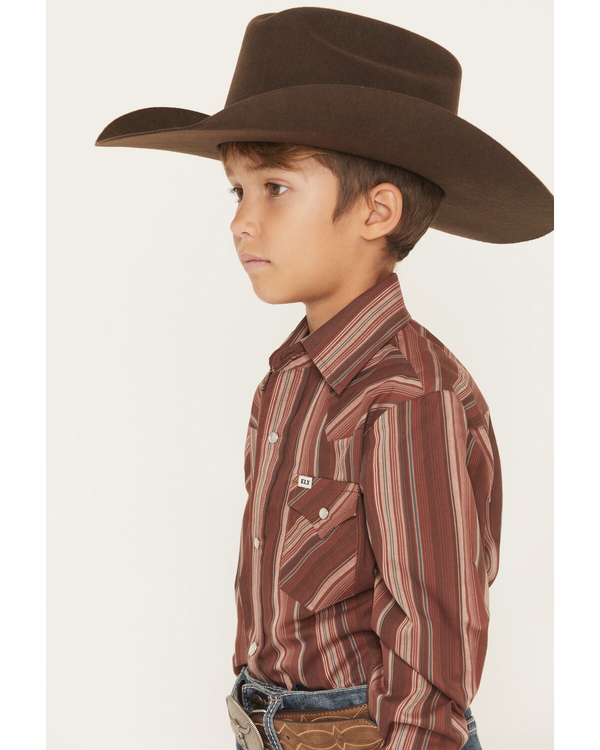 Image #2 - Ely Walker Boys' Striped Long Sleeve Pearl Snap Western Shirt, Burgundy, hi-res