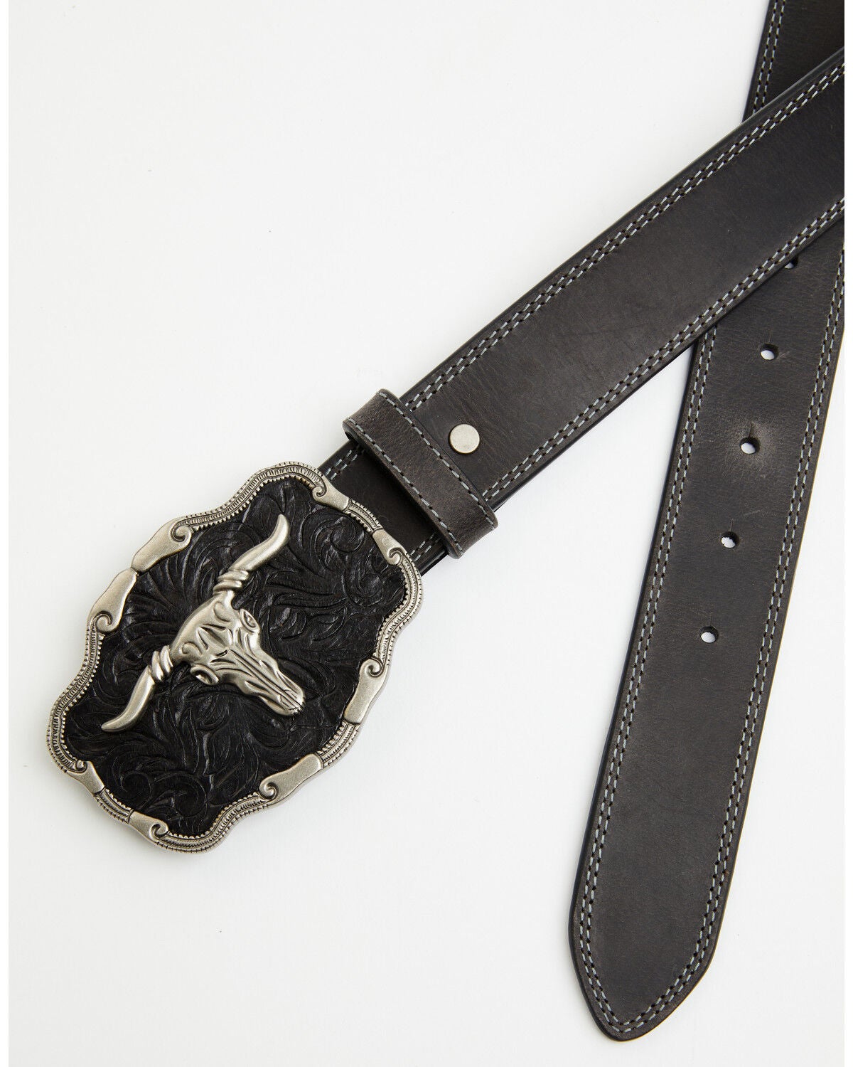 Image #2 - Cody James Men's Long Horn Skull Buckle Belt, Black, hi-res